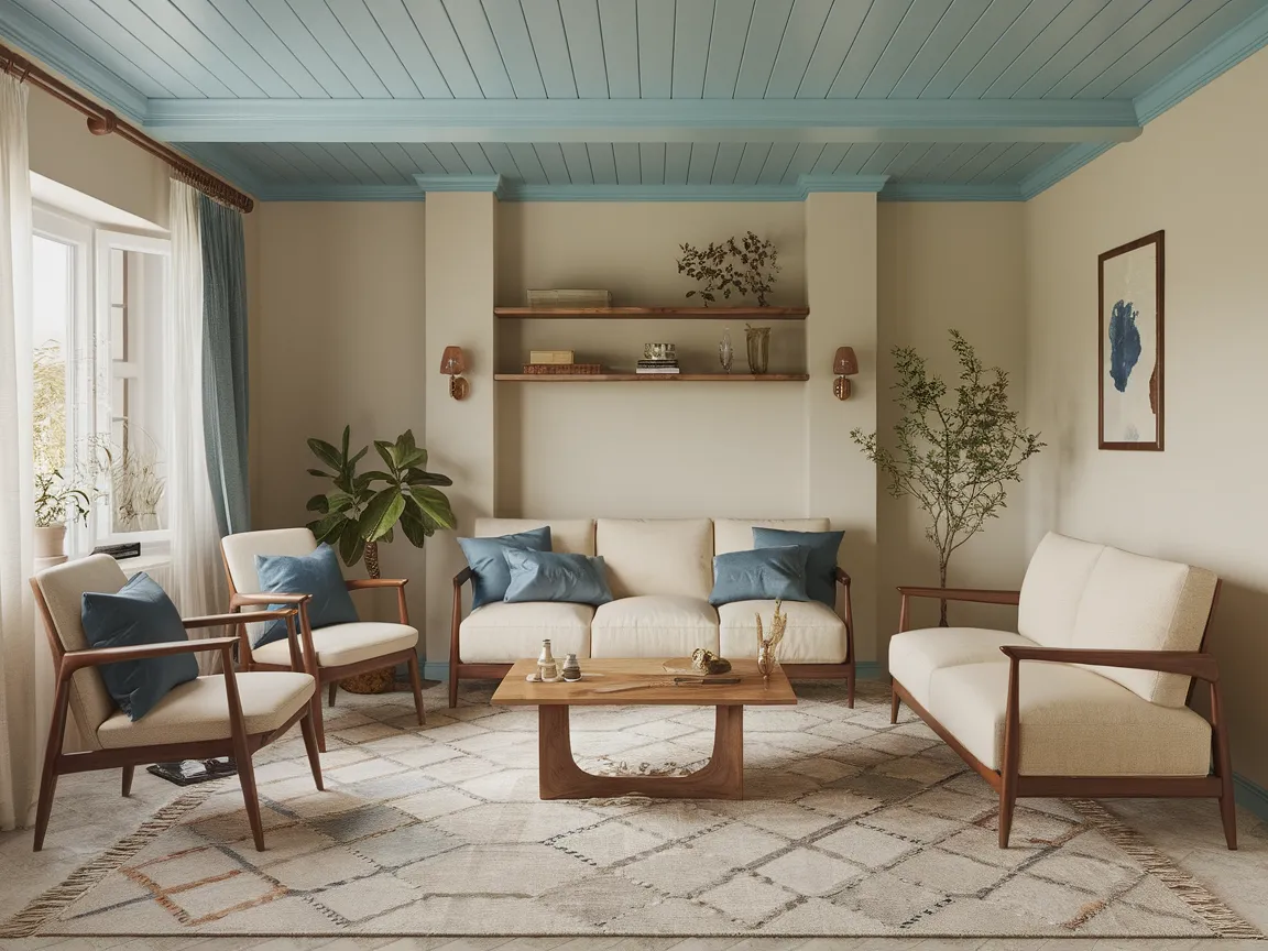 Living room with a blue painted ceiling and neutral furniture to inspire ceiling color choices.
