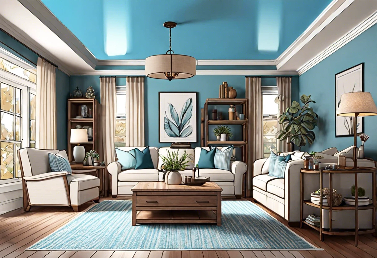 Modern living room with a blue ceiling, showcasing color options for ceiling painting.