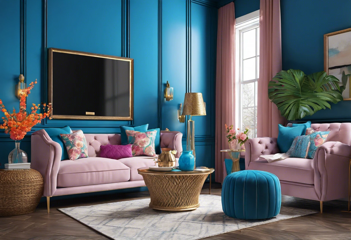 Living room with blue walls and colorful decor showcasing various shades of blue paint.