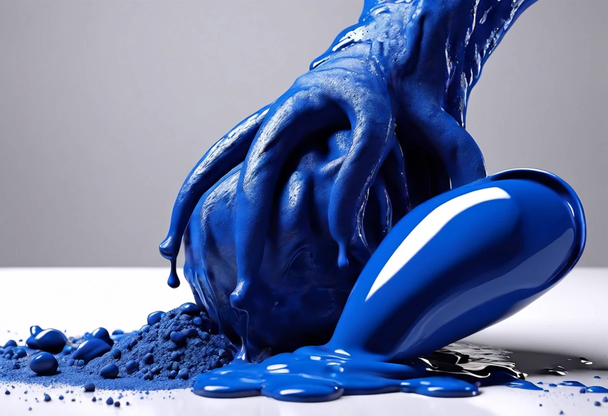 A hand molding vibrant blue paint alongside spills of blue pigment, illustrating colors that create blue paint.