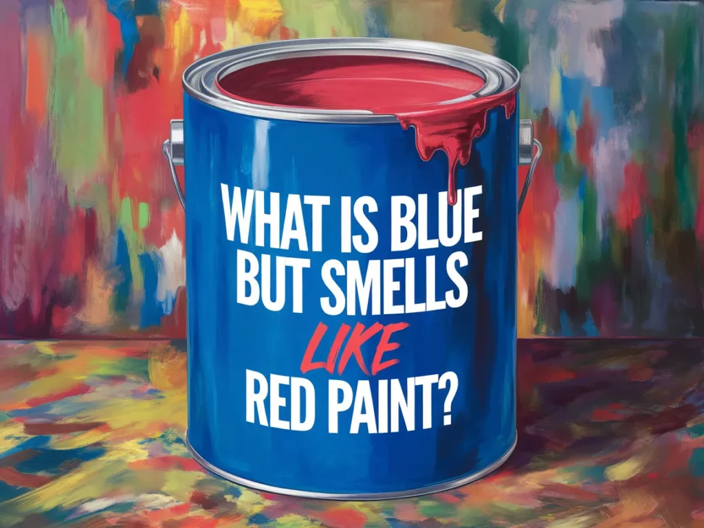 A blue paint can with red paint spilling over the edge, illustrating the concept of blue that smells like red paint.