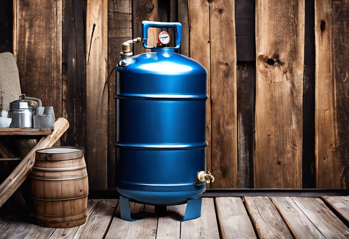 Blue propane tank standing against a wooden backdrop, illustrating color options for propane tank painting.