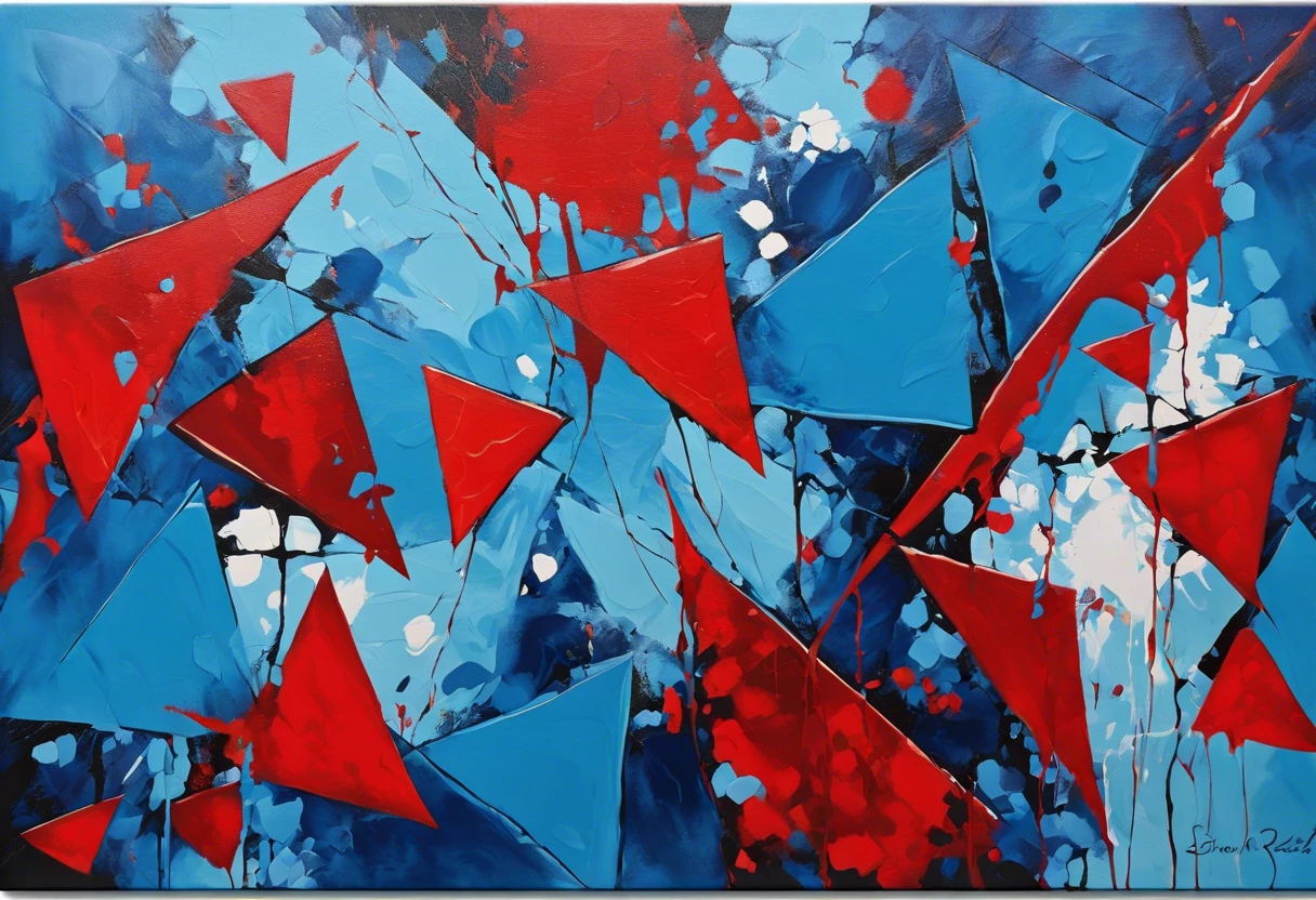Abstract painting with blue and red colors, illustrating the concept of blue that smells like red paint.