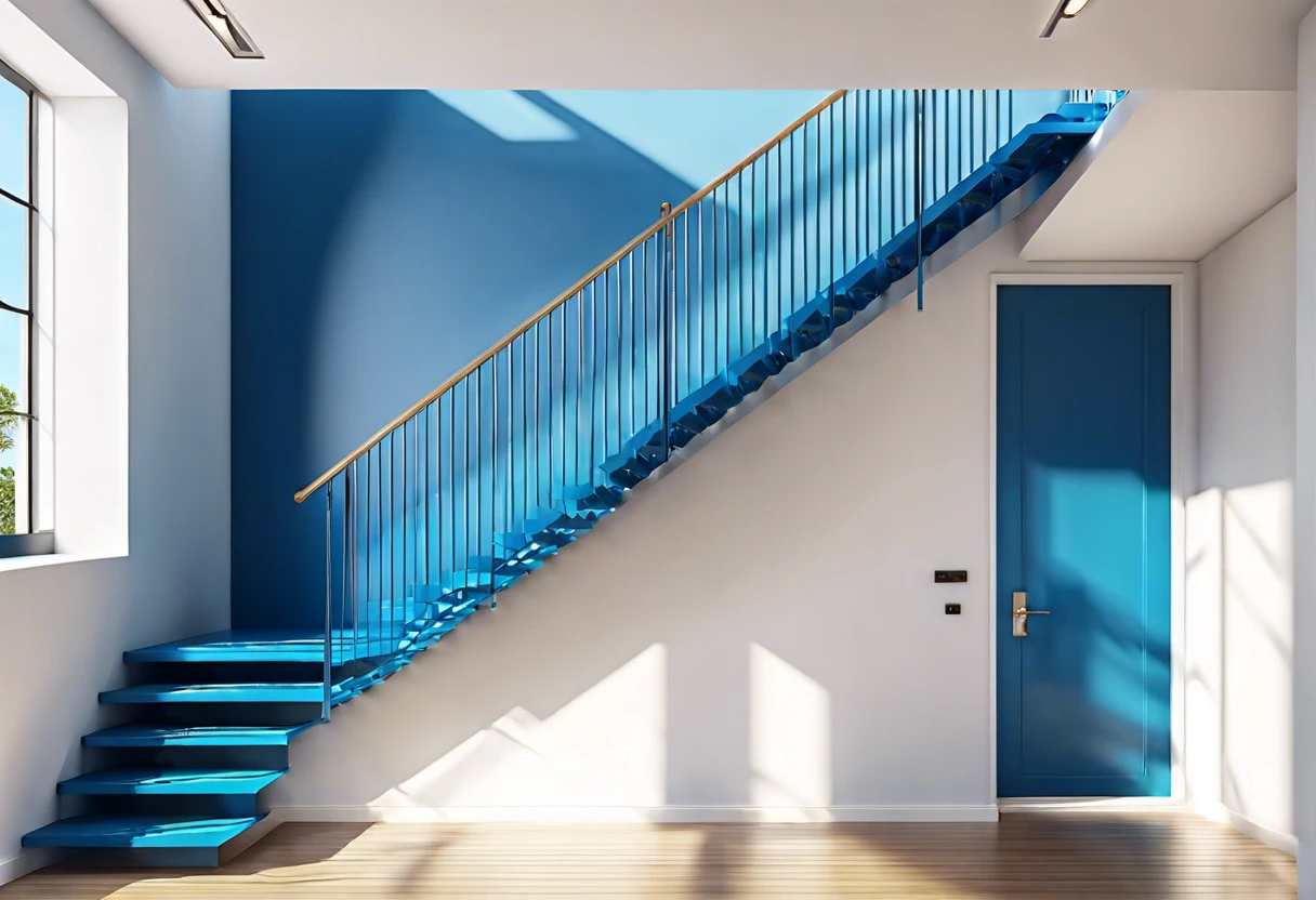 A beautifully painted blue stair railing that enhances the modern aesthetic of the interior.
