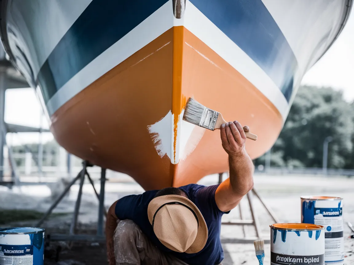 A person painting the bottom of a boat with a brush, focusing on proper boat maintenance and bottom painting techniques.