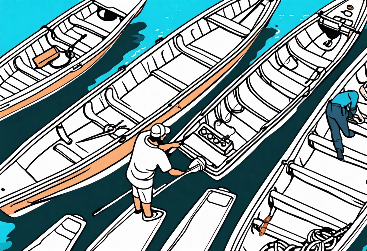 Person painting the bottom of a boat in a waterway