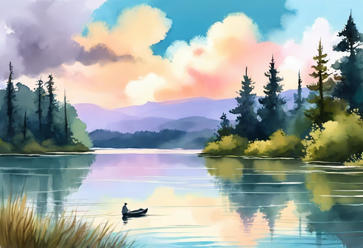 A serene landscape featuring a lake, trees, and a small boat, representing Bob Ross's most famous painting.