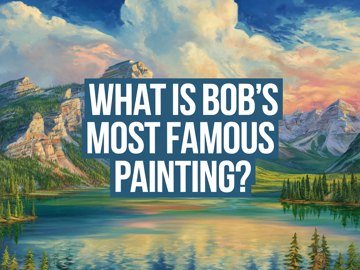 Beautiful serene landscape painting by Bob Ross, showcasing mountains, trees, and a tranquil lake.