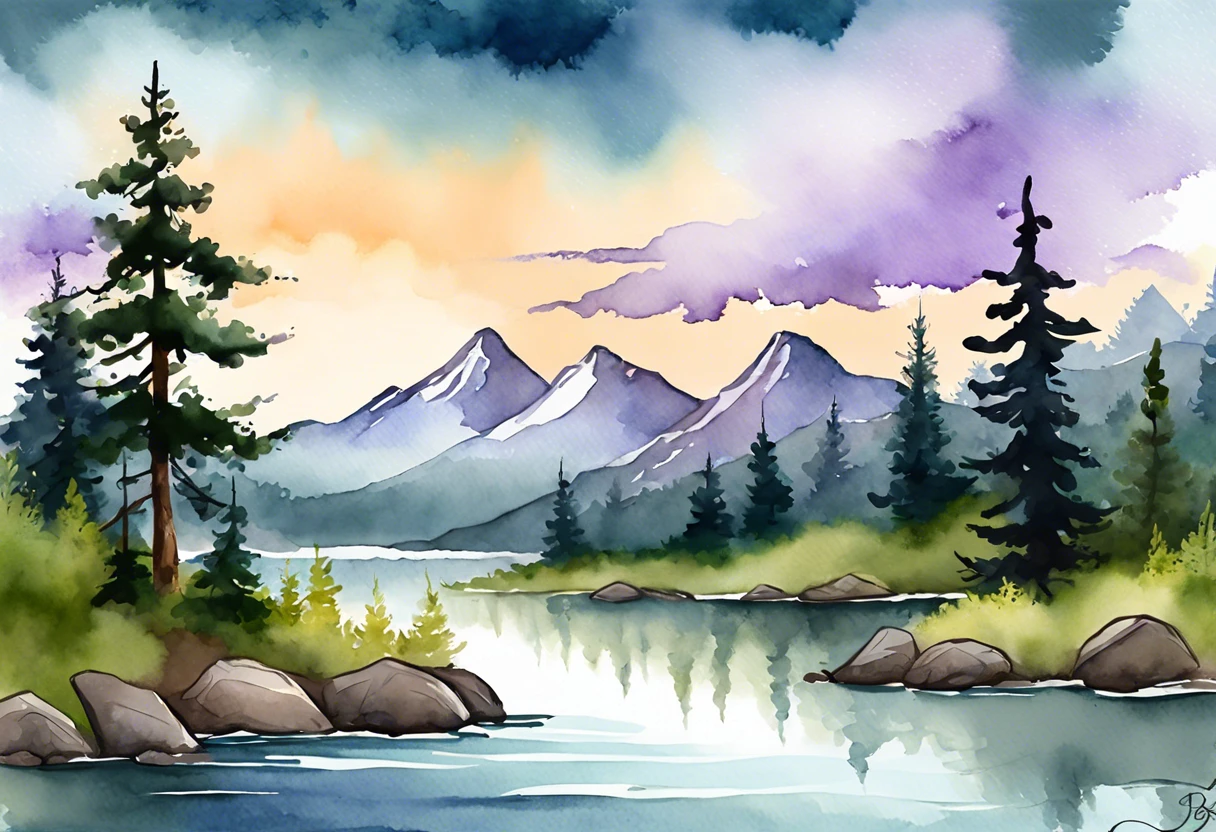 A serene landscape featuring mountains, a tranquil lake, and pine trees, inspired by Bob Ross's painting style.