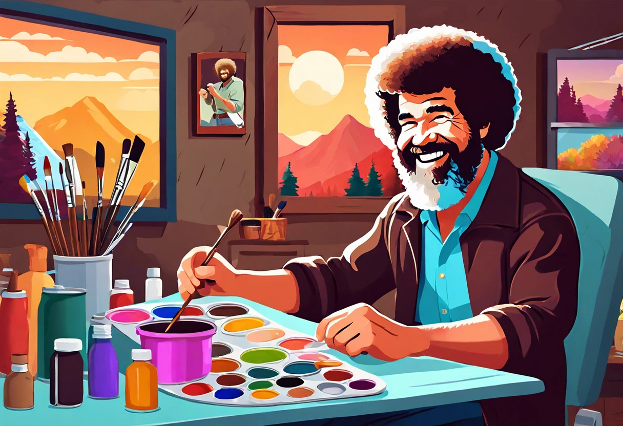 Bob Ross painting with his preferred paint brand in a colorful studio