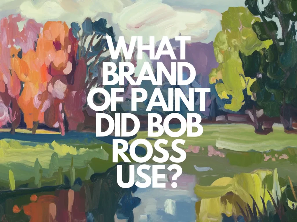 Colorful landscape painting by Bob Ross showcasing the brand of paint he used.