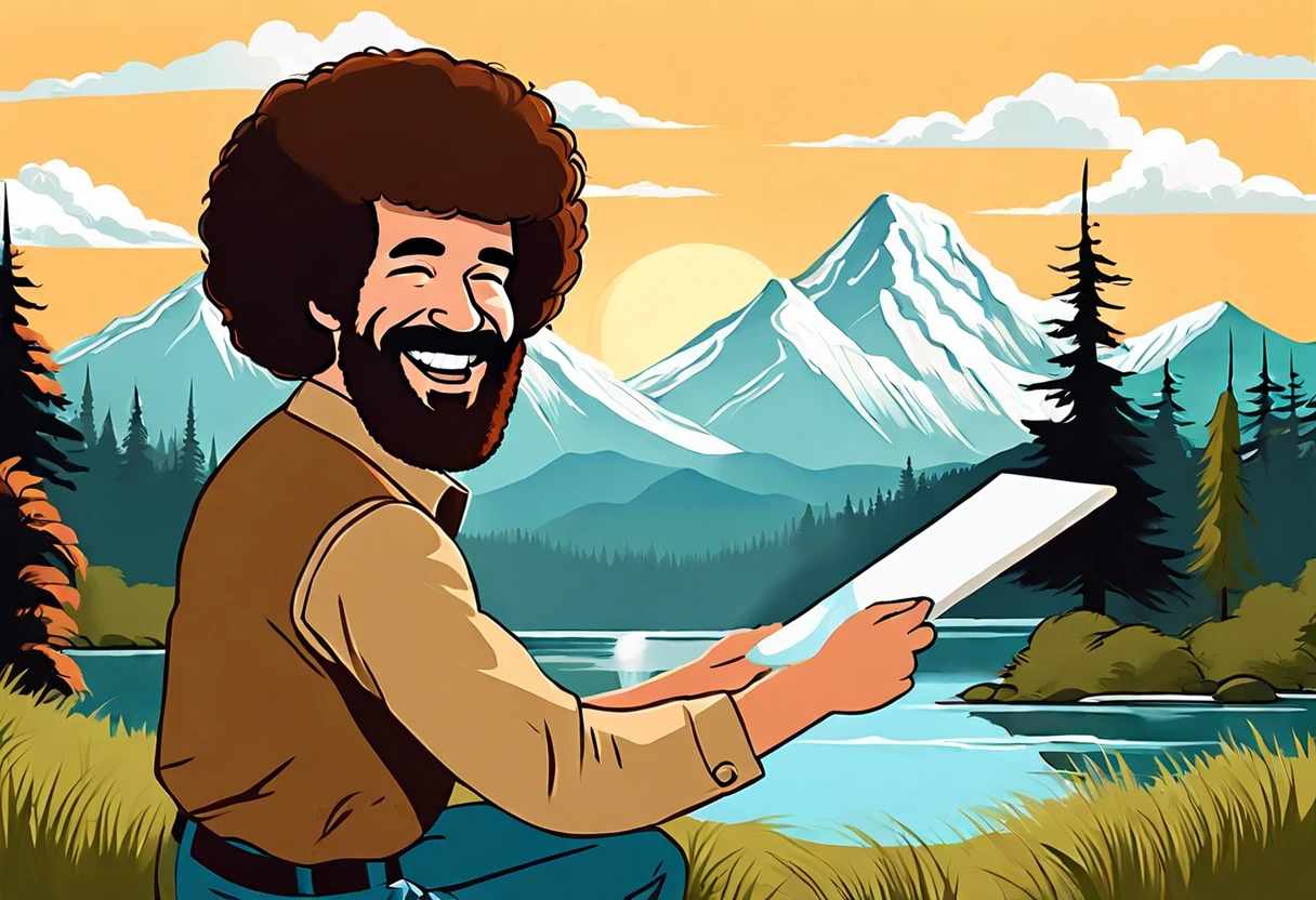 Illustration of Bob Ross painting outdoors, showcasing the brand of paint he used.