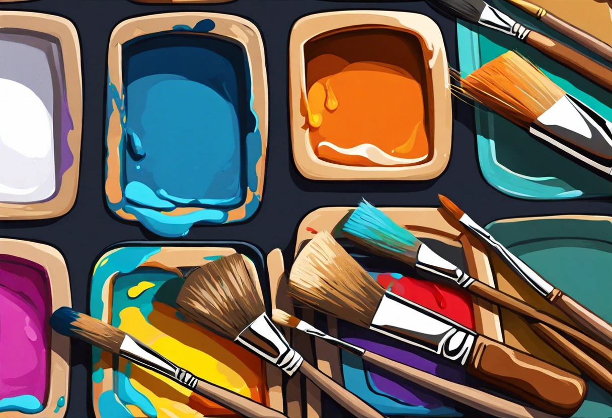 Colorful paint palettes and brushes used by Bob Ross for his landscape paintings.