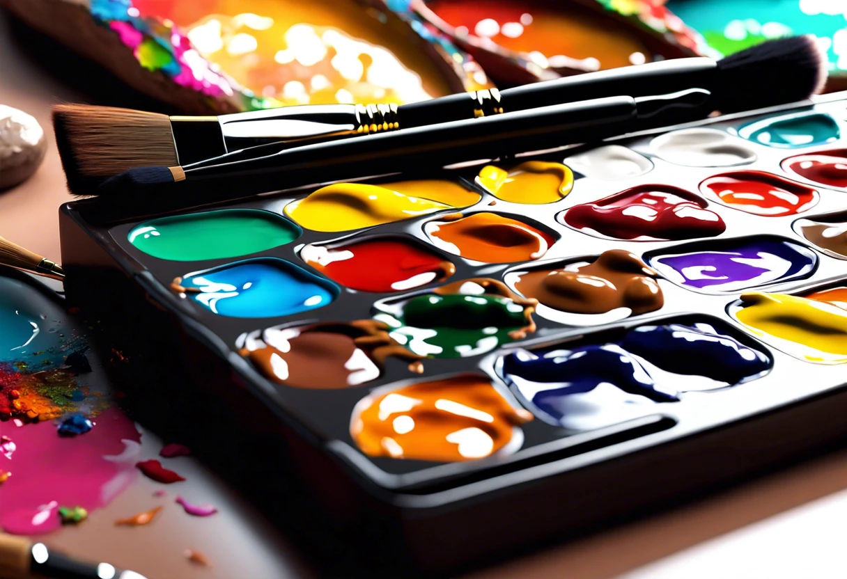Palette of paints used by Bob Ross, showcasing vibrant colors and oil paints ideal for his landscape artworks.