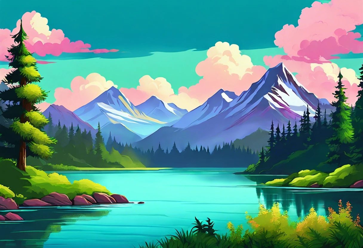 A serene bob ross painting featuring mountains, a lake, and vibrant clouds, highlighting the beauty of nature. Explore how much do bob ross paintings cost.