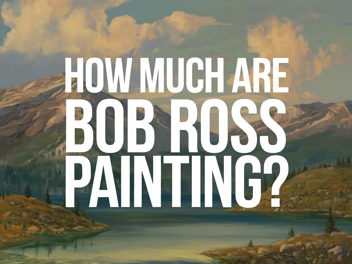 A scenic Bob Ross landscape painting featuring mountains and a lake, illustrating the theme of pricing for Bob Ross artwork.