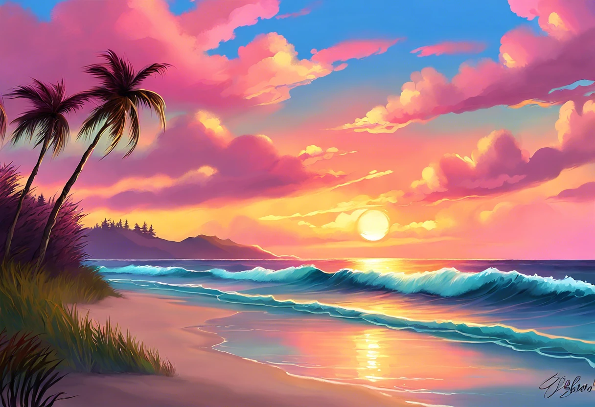 Beautiful Bob Ross painting of a sunset over the ocean, representing the value of his artworks.