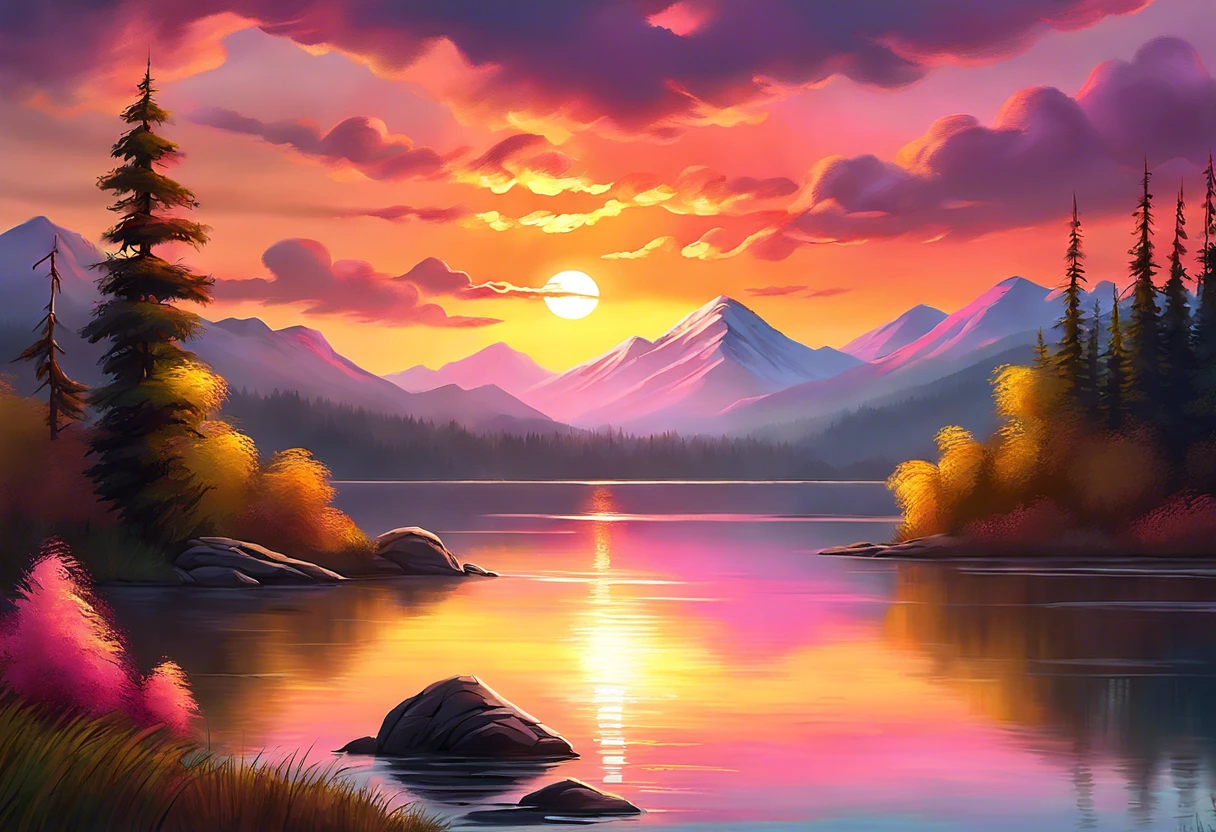 A beautiful landscape painting showcasing the vibrant colors and techniques used by Bob Ross with oil paint.