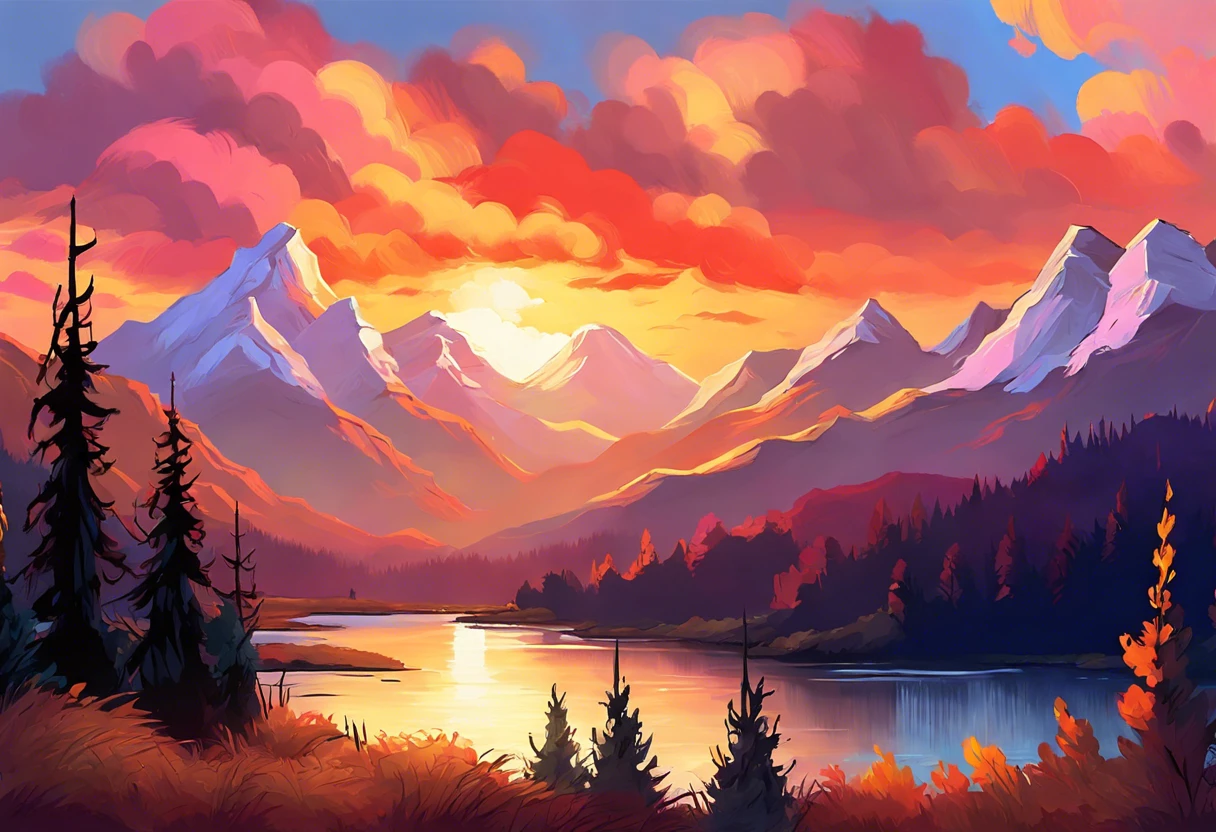Stunning Bob Ross painting depicting a sunset over mountains, highlighting the beauty and value of his artwork.