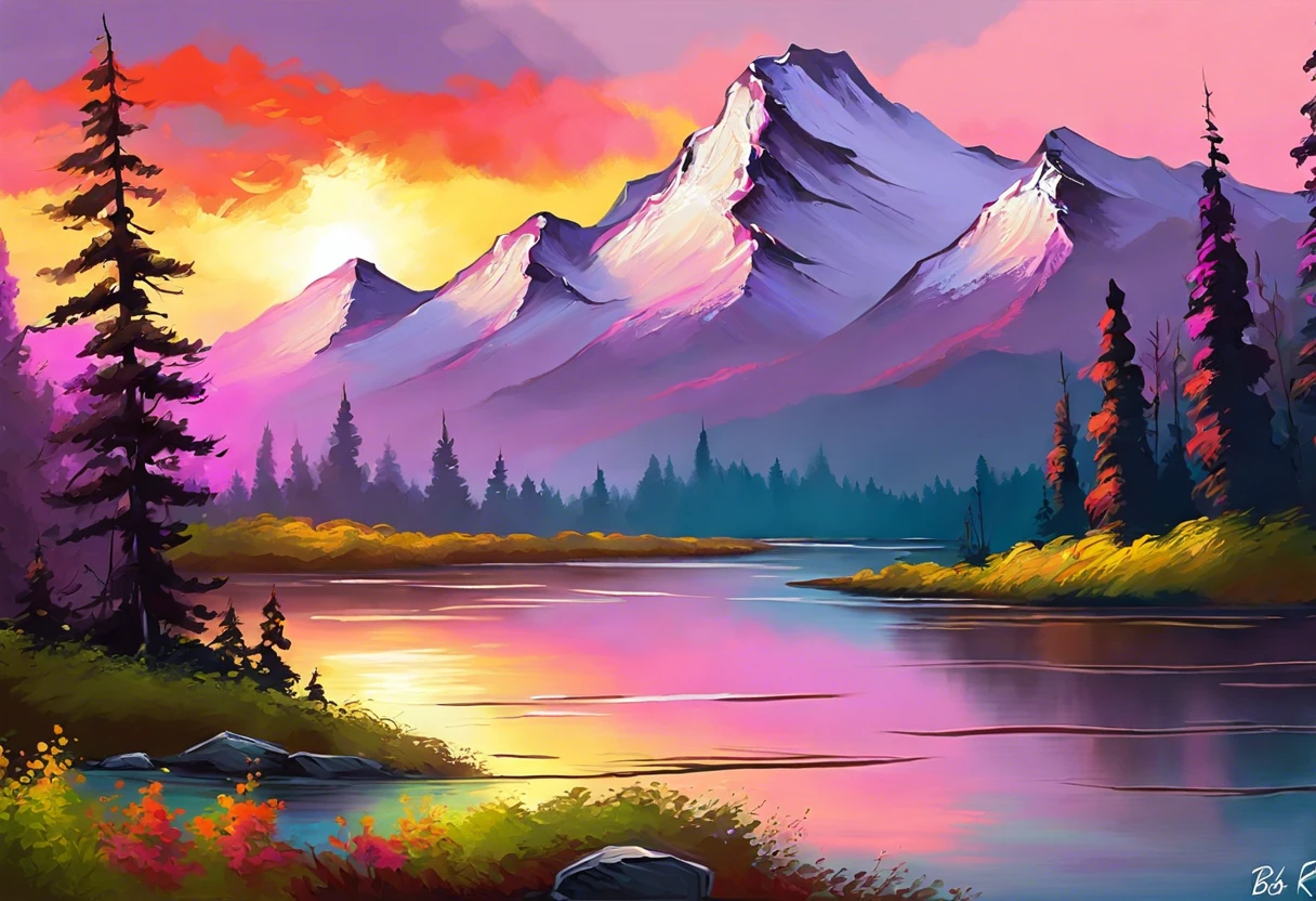 A beautiful landscape painting by Bob Ross depicting mountains, a river, and trees, illustrating the art style that contributes to the value of Bob Ross paintings.