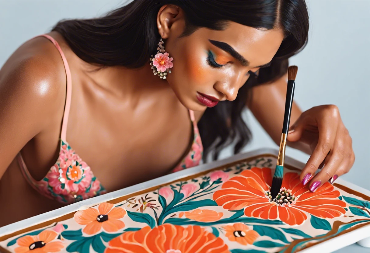 A body painter applying vibrant floral designs on a model's skin, showcasing the art of body paint.