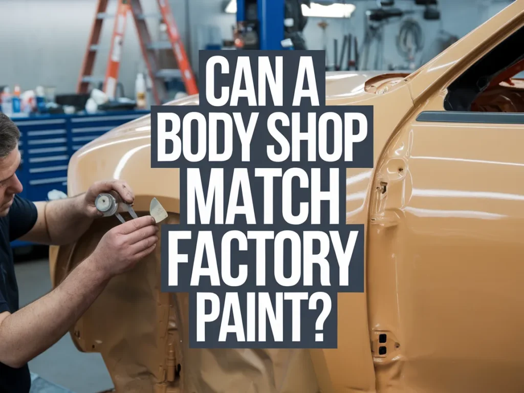 Technician at a body shop working on matching factory paint on a vehicle.