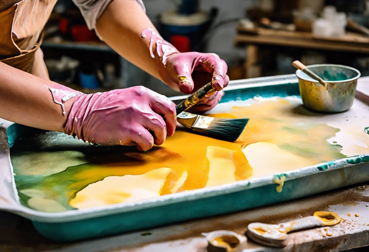 Person applying bondo over painted surface in a workshop setting, illustrating the process of bonding over paint.