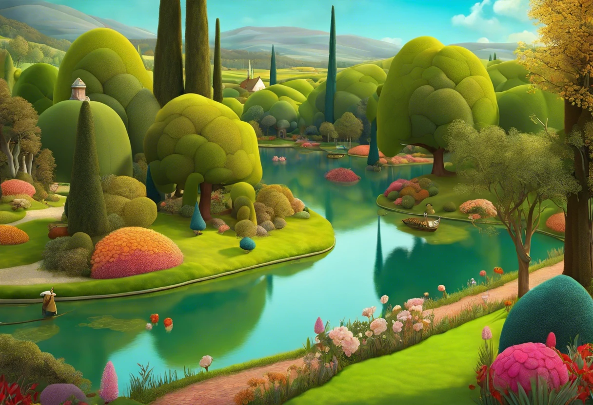 A serene landscape inspired by Bosch's artistic style, showcasing vibrant greenery and a tranquil body of water, reflecting the settings where Bosch's paintings are found.