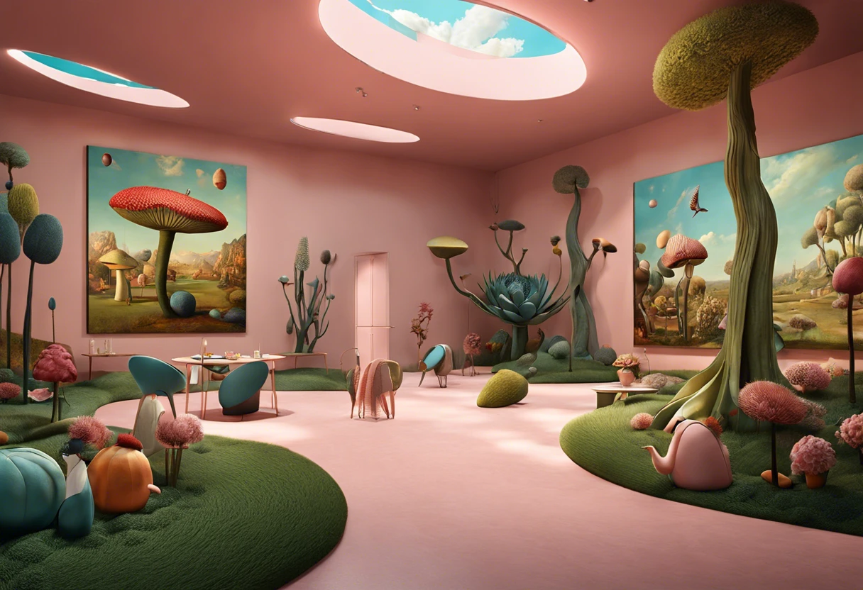 A vibrant modern interior inspired by Bosch's painting style, showcasing colorful elements and imaginative landscapes.