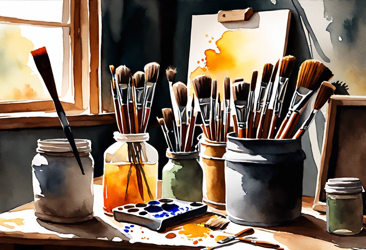 Painting tools and jars, emphasizing the use of brake fluid for paint removal.