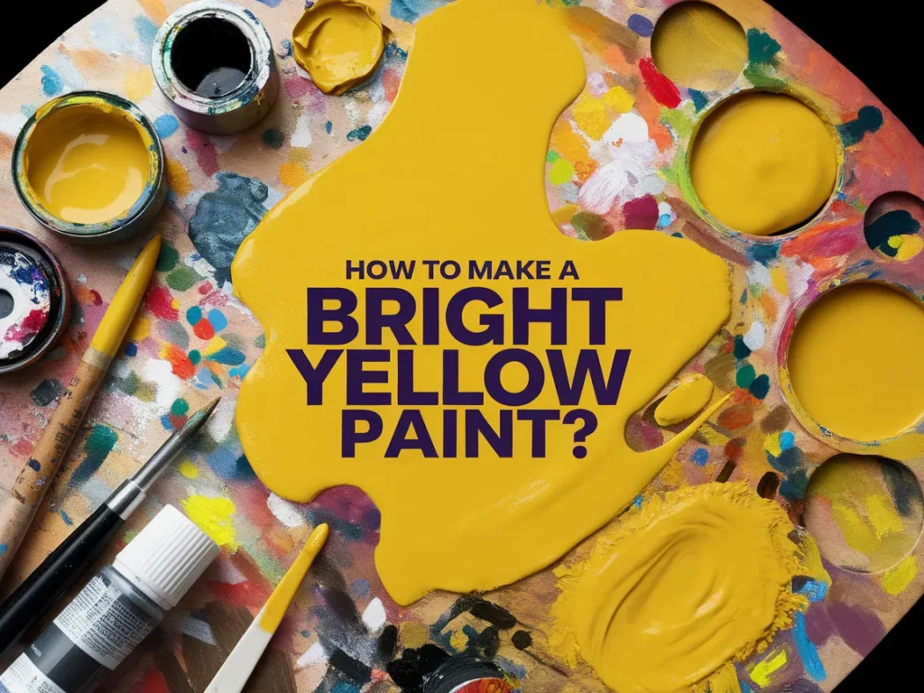 Bright yellow paint on a palette with paint tubes and brushes, showing the process of making vibrant yellow paint.