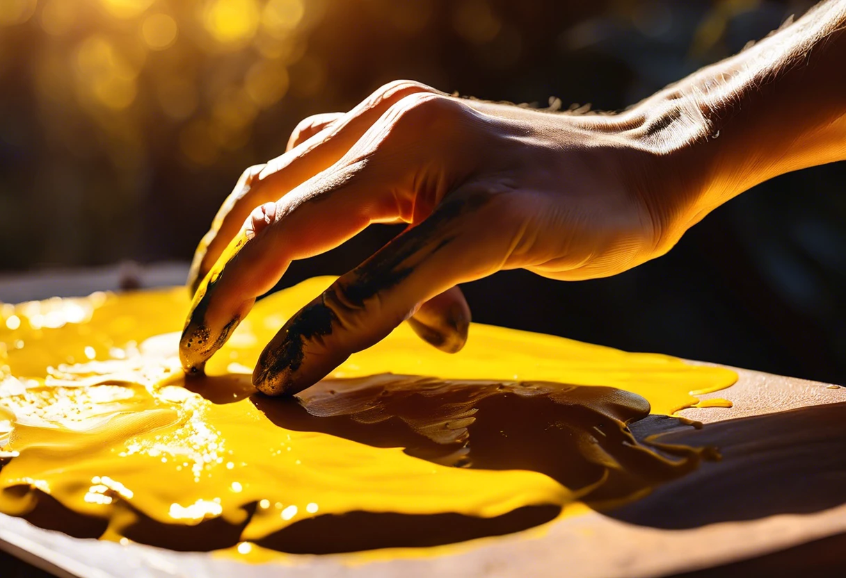 Hand mixing bright yellow paint on a wooden surface.