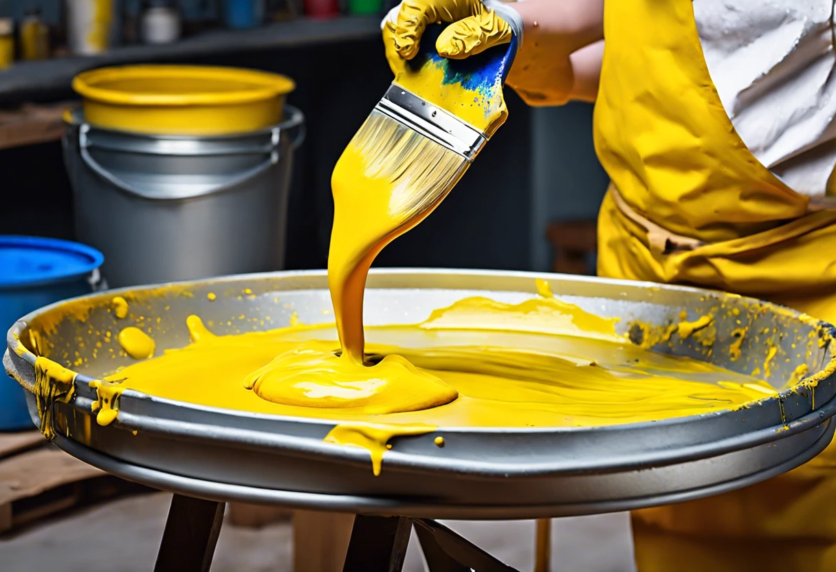 A person stirring bright yellow paint in a mixing tray, demonstrating how to make bright yellow paint.