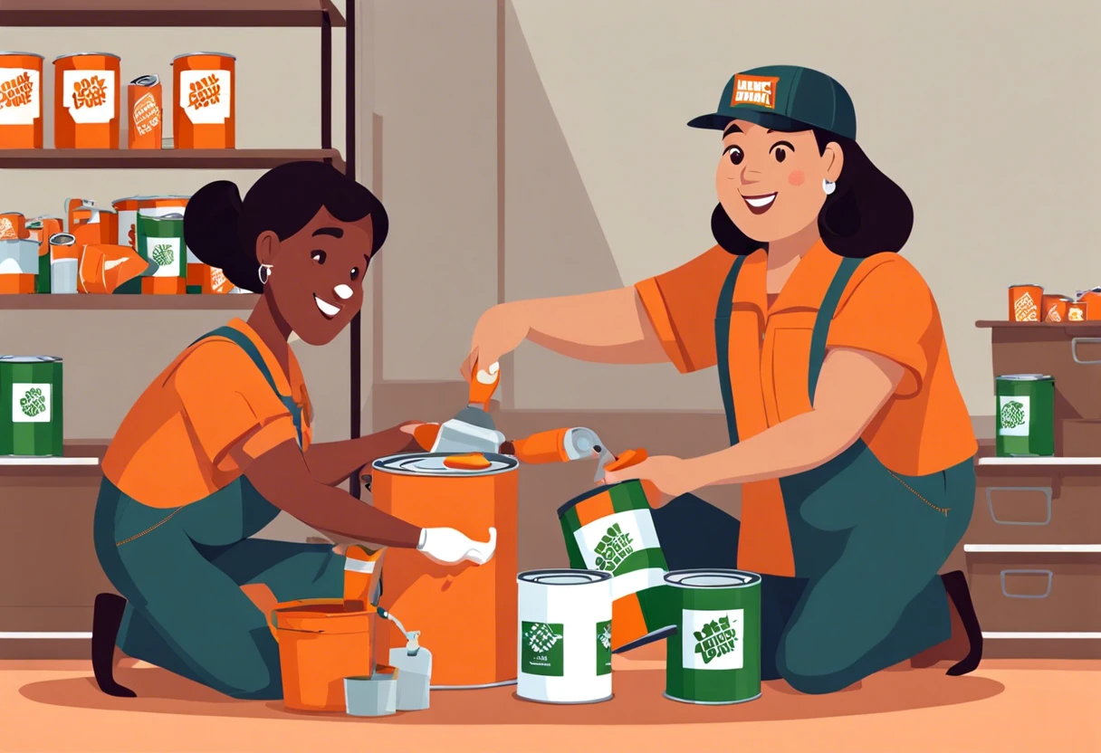 Two people working with paint cans at Home Depot, illustrating the topic of bringing old paint cans.