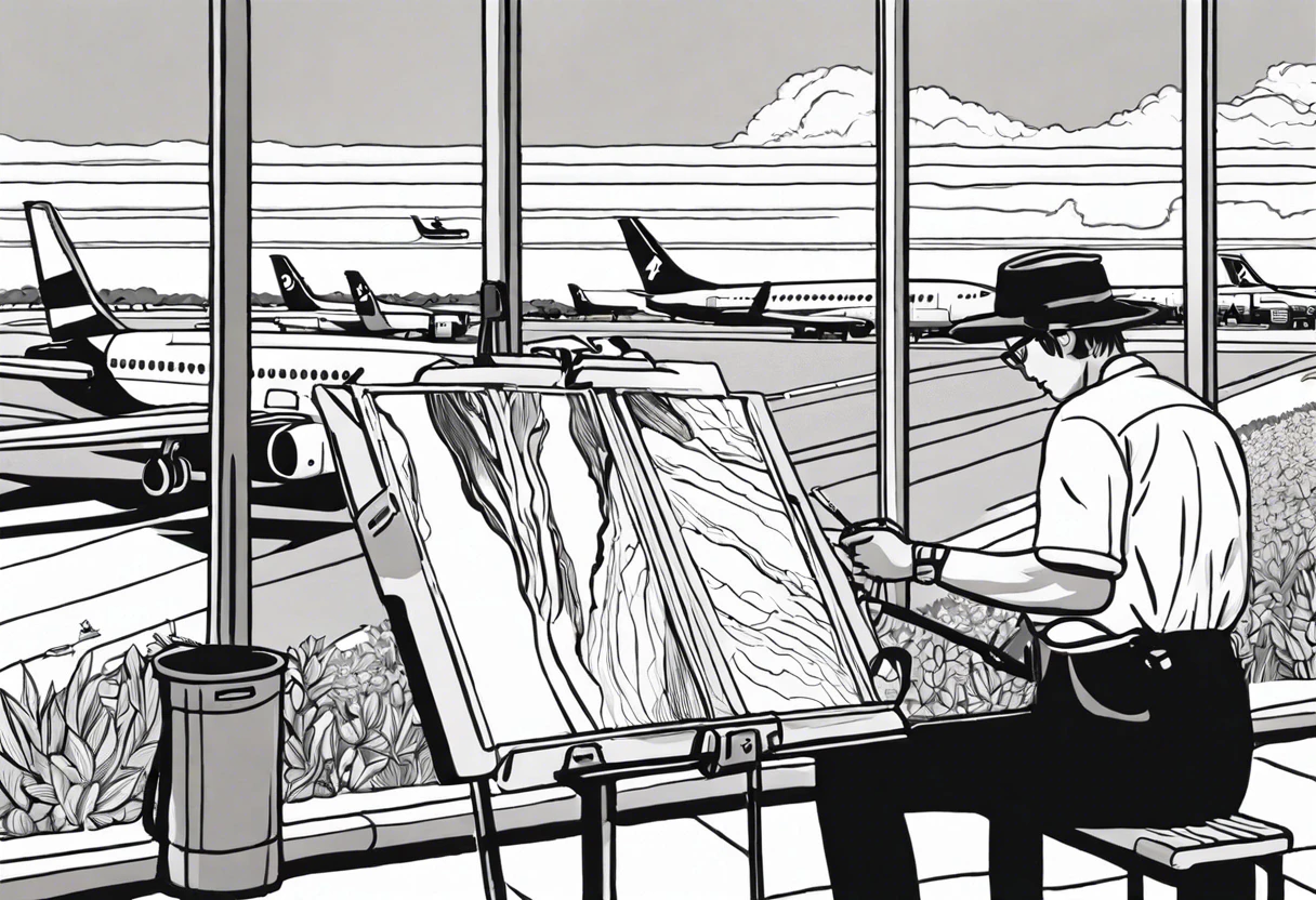 An artist painting at an airport, illustrating the concept of transporting paint while flying.