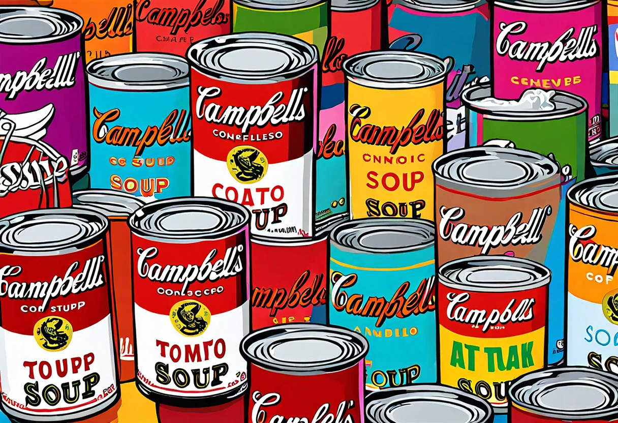 Colorful array of Campbell's soup cans, illustrating the iconic artwork associated with Andy Warhol.