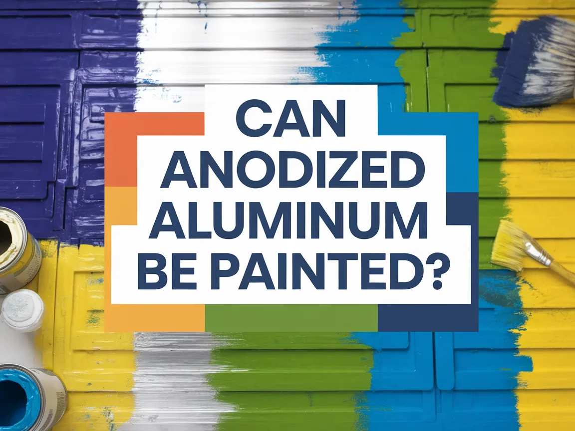 Colorful paint samples on anodized aluminum surface with the question 'Can Anodized Aluminum Be Painted?'