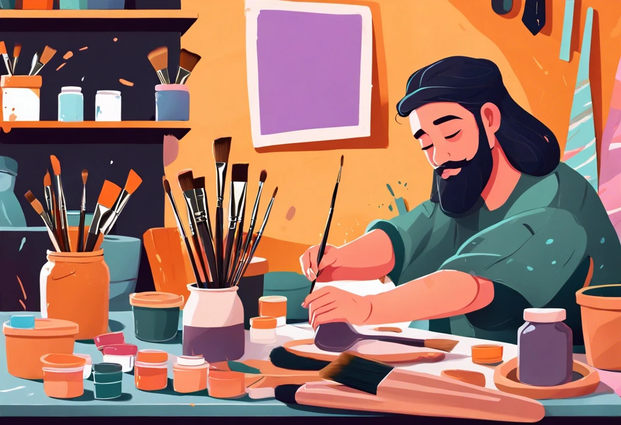 Artist painting Azek boards with brushes and colorful paints, illustrating the painting process.