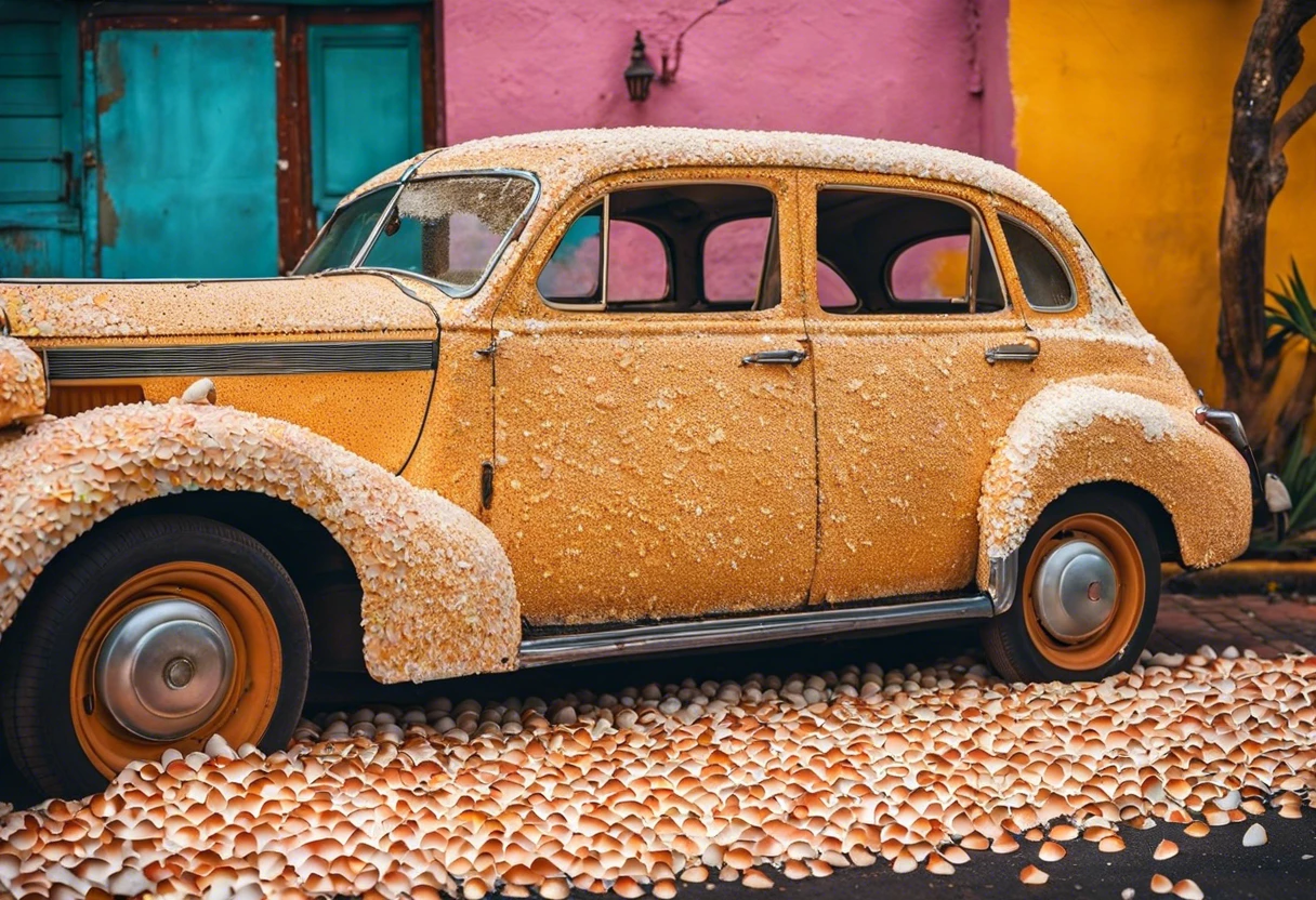 An old car covered in eggshells to illustrate the impact of eggs on car paint.