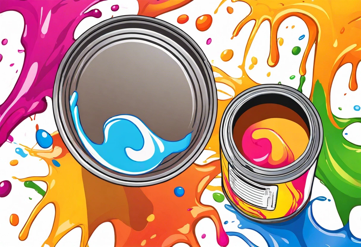 A vibrant illustration of paint cans with colorful splashes, showcasing a can of blue paint and another can with orange and pink paint.