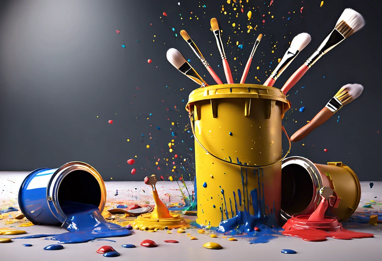 Colorful paint buckets and brushes depicting the dilemma of disposing paint properly.