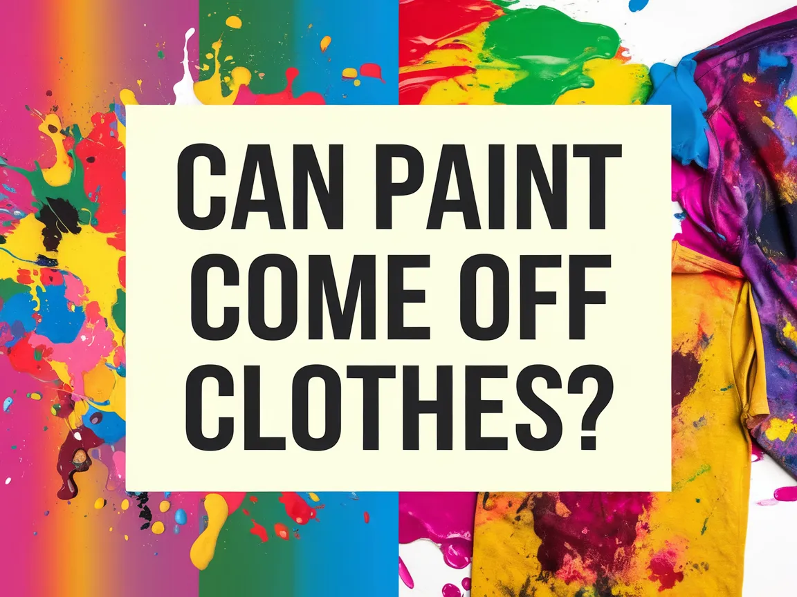 Colorful paint splatters with text asking if paint comes off clothes, related to garment stain removal.