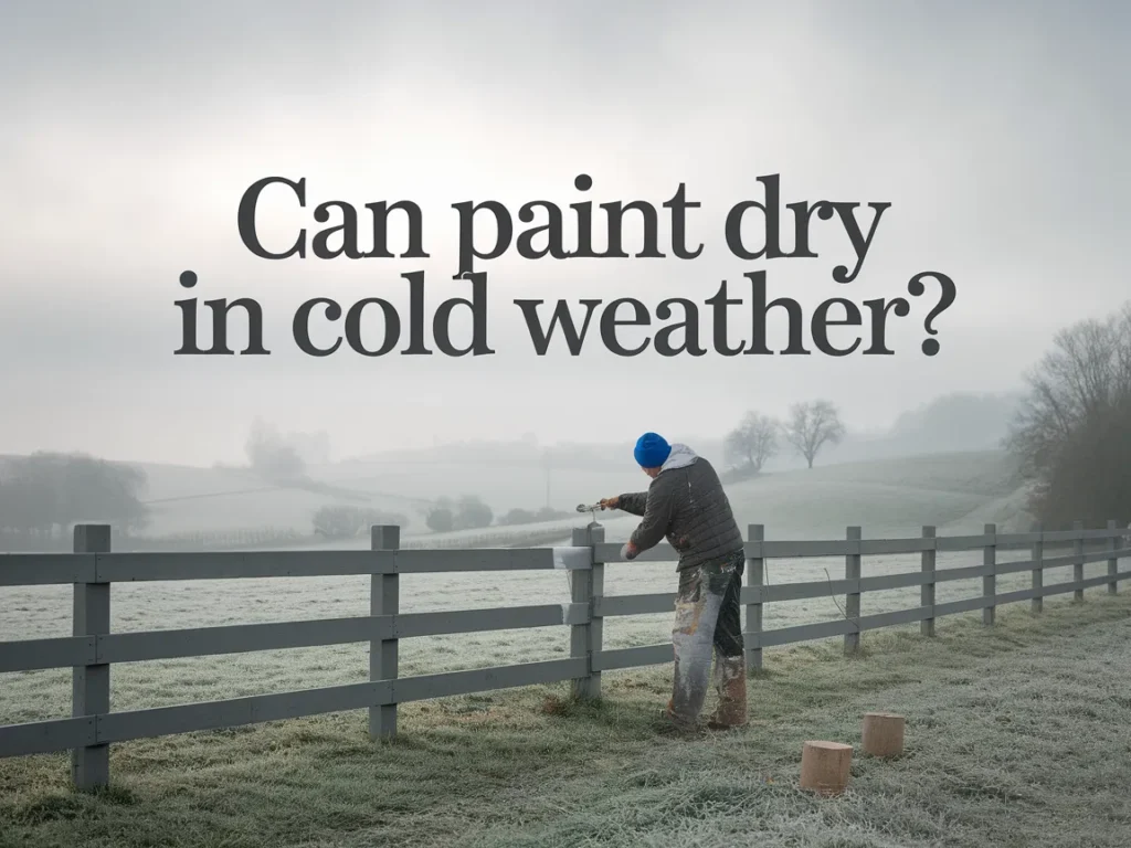 Person painting a fence in cold weather, questioning if paint can dry in low temperatures.