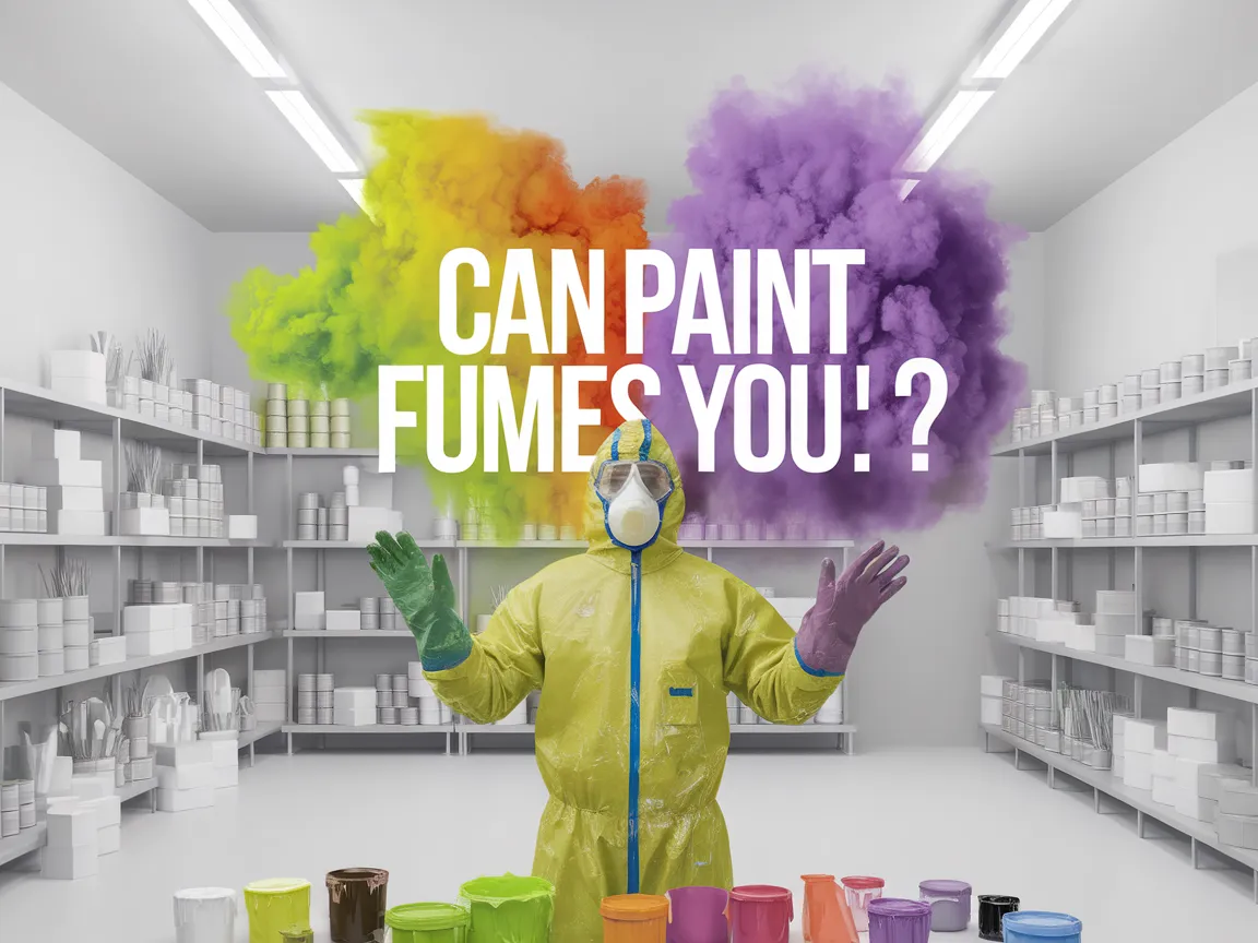 A person in a protective suit and mask surrounded by colorful paint fumes, highlighting the dangers of paint fume inhalation.