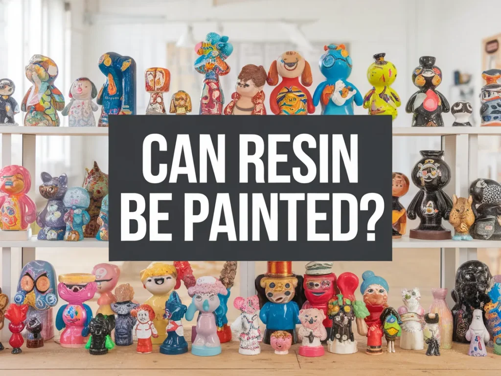 Colorful resin figures displayed in an art studio, showcasing the topic of painting resin.