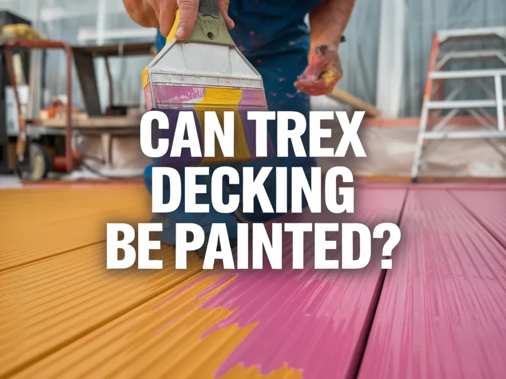 Person painting Trex decking in vibrant colors, exploring the possibility of painting Trex materials.