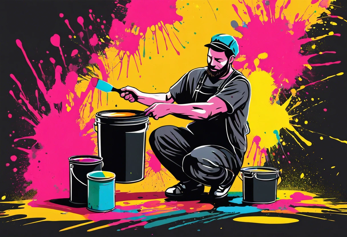 Person painting blacktop with bright paint splashes around, illustrating the process of blacktop painting.