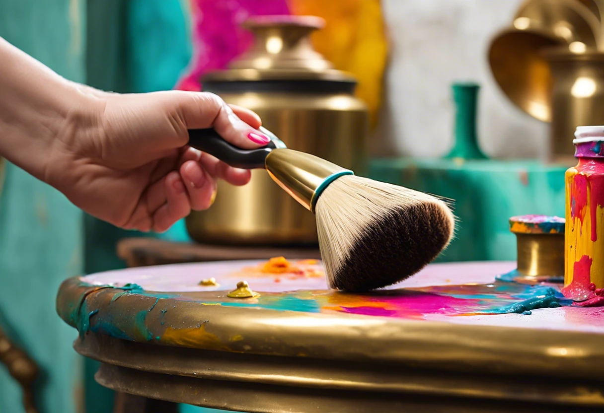 A hand preparing to paint brass surfaces with colorful paint, illustrating the process of painting brass.