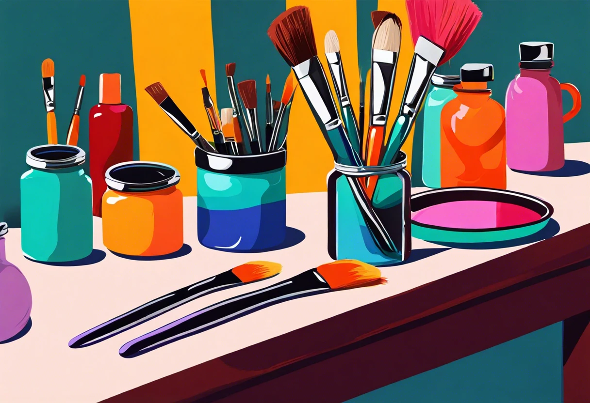 Colorful paintbrushes and paints on a table related to painting chrome.