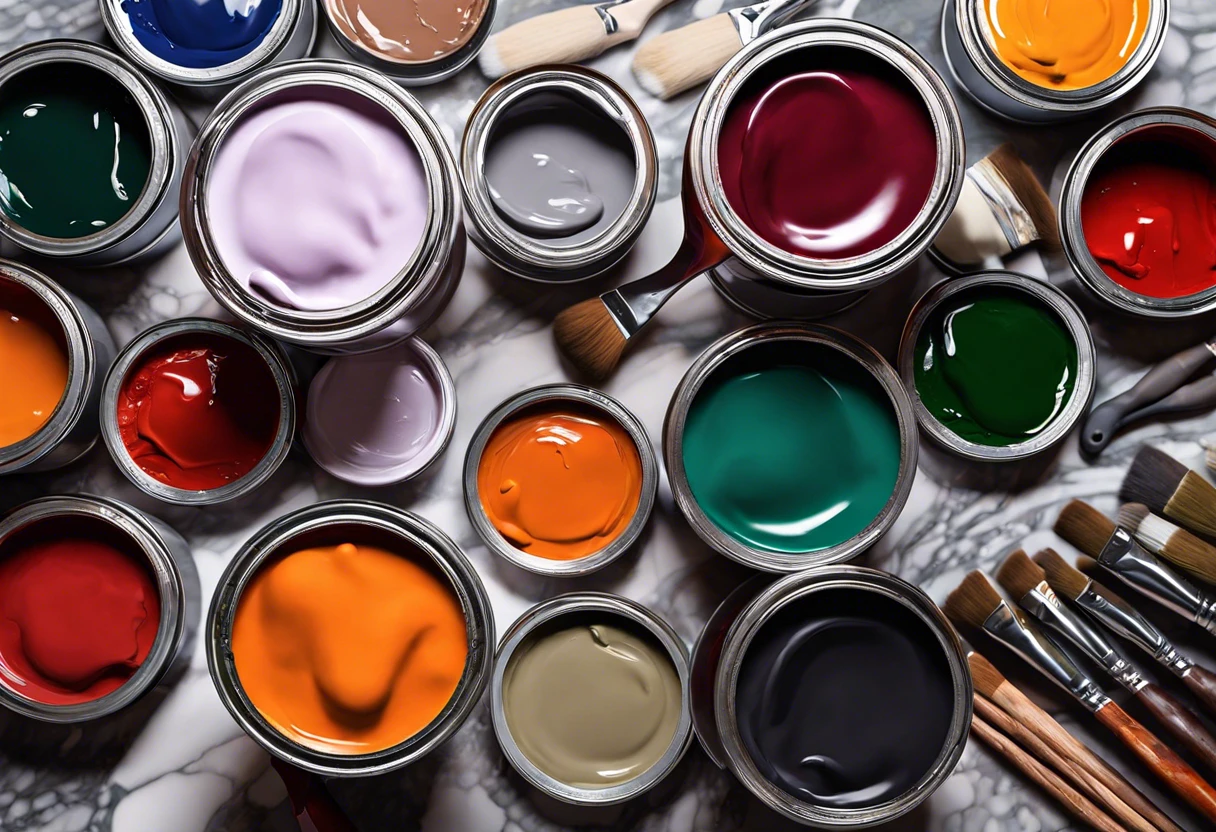 Various paint colors and brushes suitable for painting cultured marble surfaces.